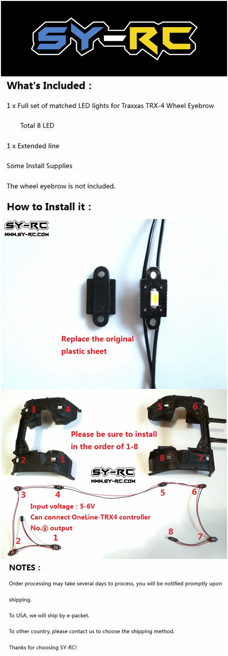 SY-RC RC Car LED Lights for Traxxas TRX-4 Wheel Eyebrow Lamp 